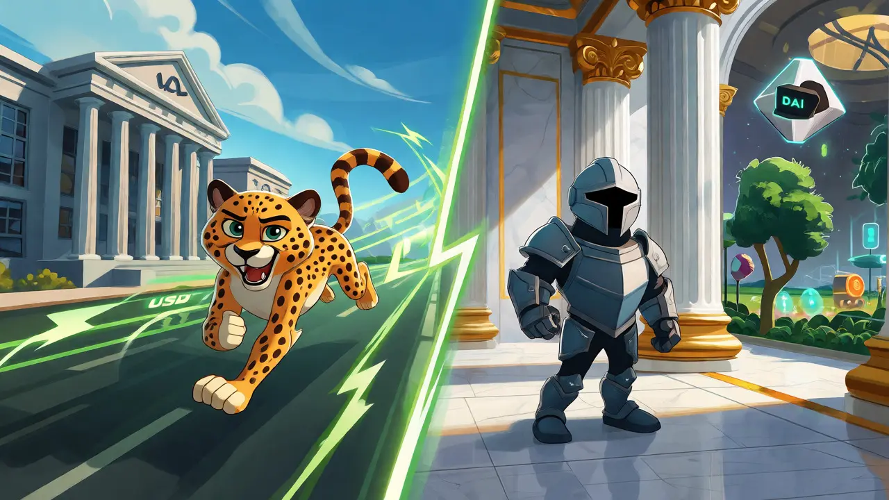 Cartoon comparison of USDT's speed, USDC's security, and DAI's DeFi environment in animated style.