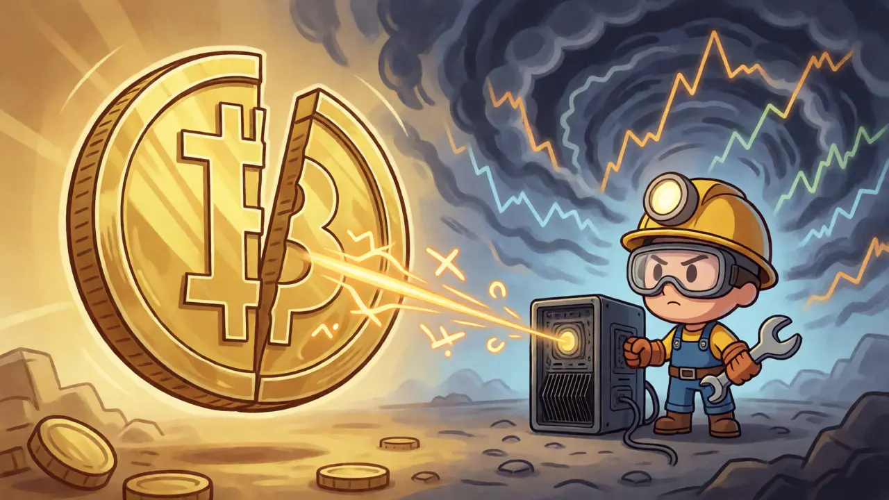 Cartoon illustration of a Bitcoin coin being halved while a miner faces rising difficulty clouds.