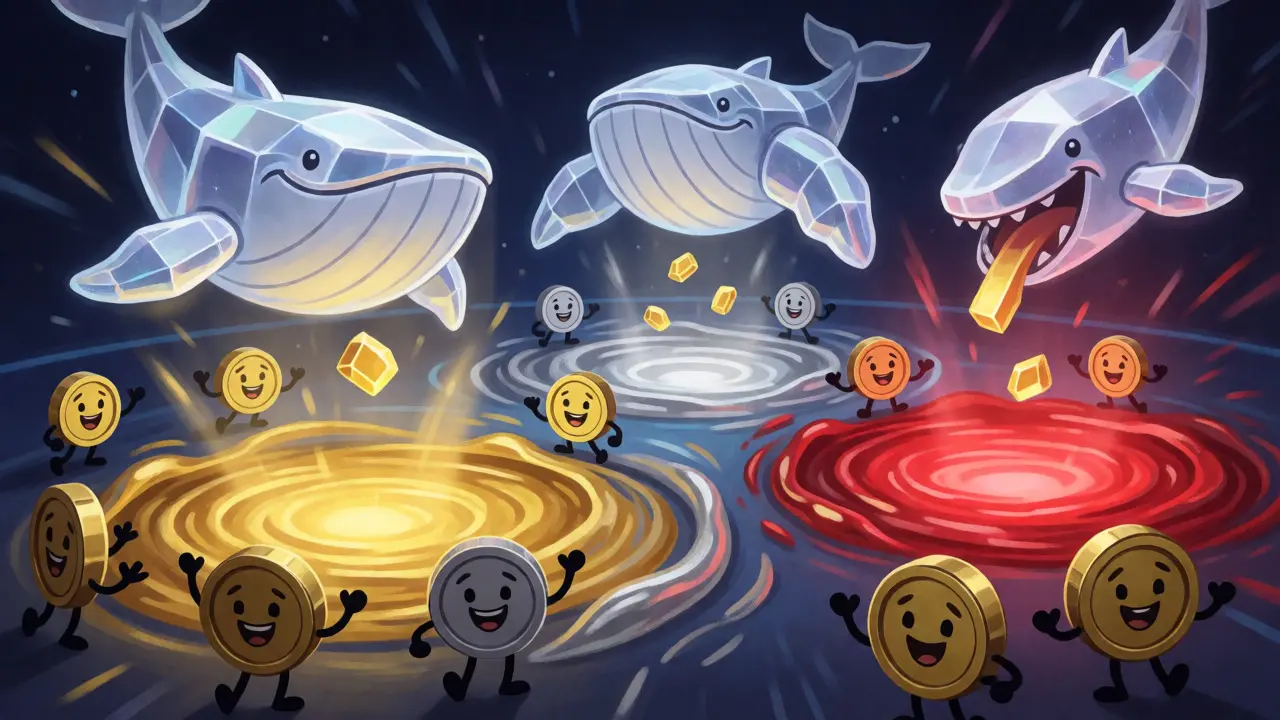 Cartoon whales dropping bribes into glowing liquidity pools during a voting session.