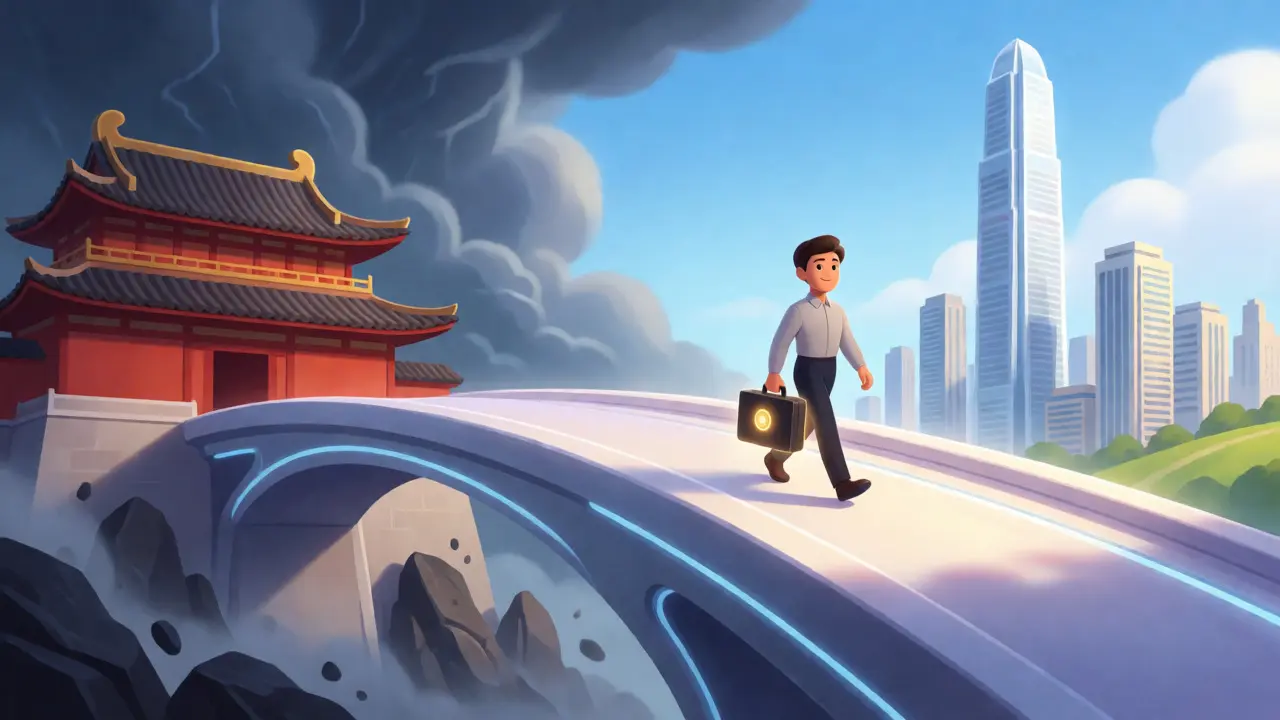 Character crossing a bridge from rocky terrain to a modern city.