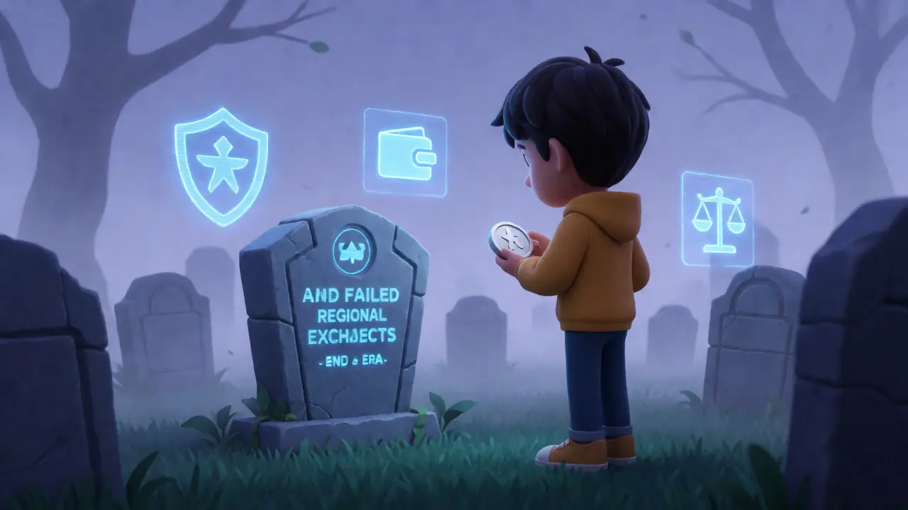 Character reflecting on a defunct crypto exchange with a dim token.