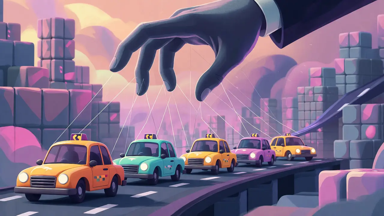 Colorful taxis controlled by a single giant shadowy hand via puppet strings.