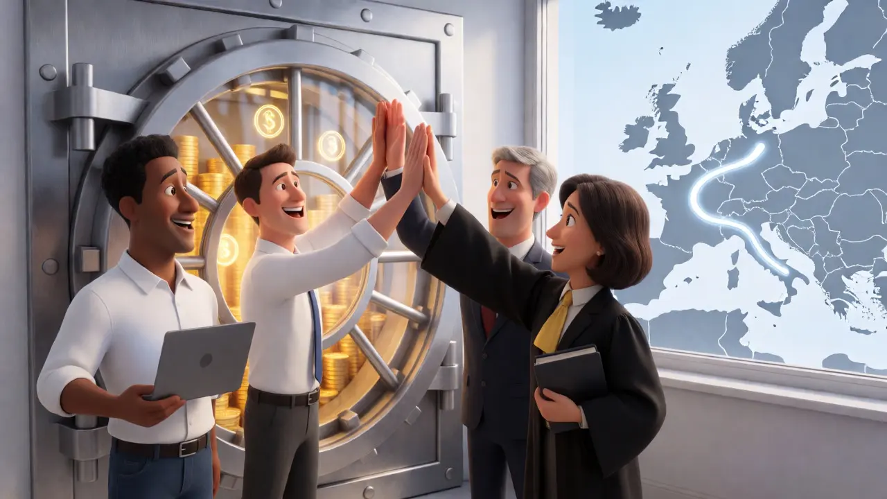 Confident business team celebrating near a secure glass vault containing crypto assets.