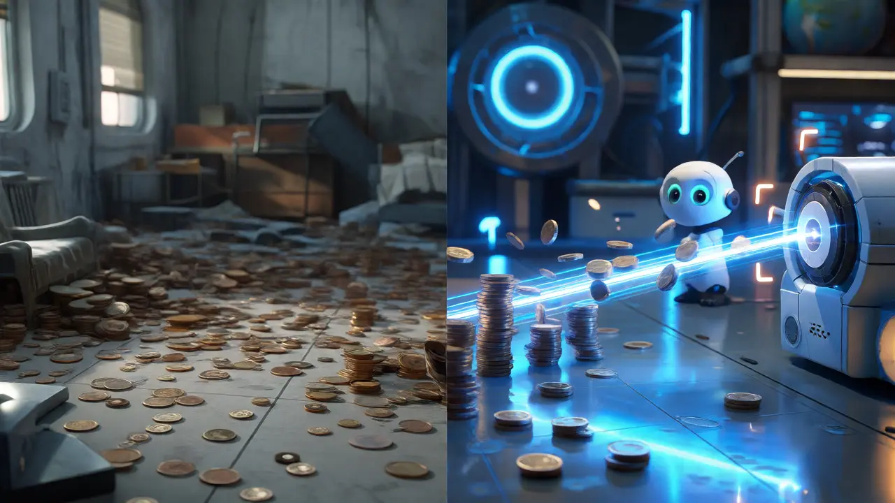 Contrast between scattered inefficient coins and a focused beam of concentrated liquidity.