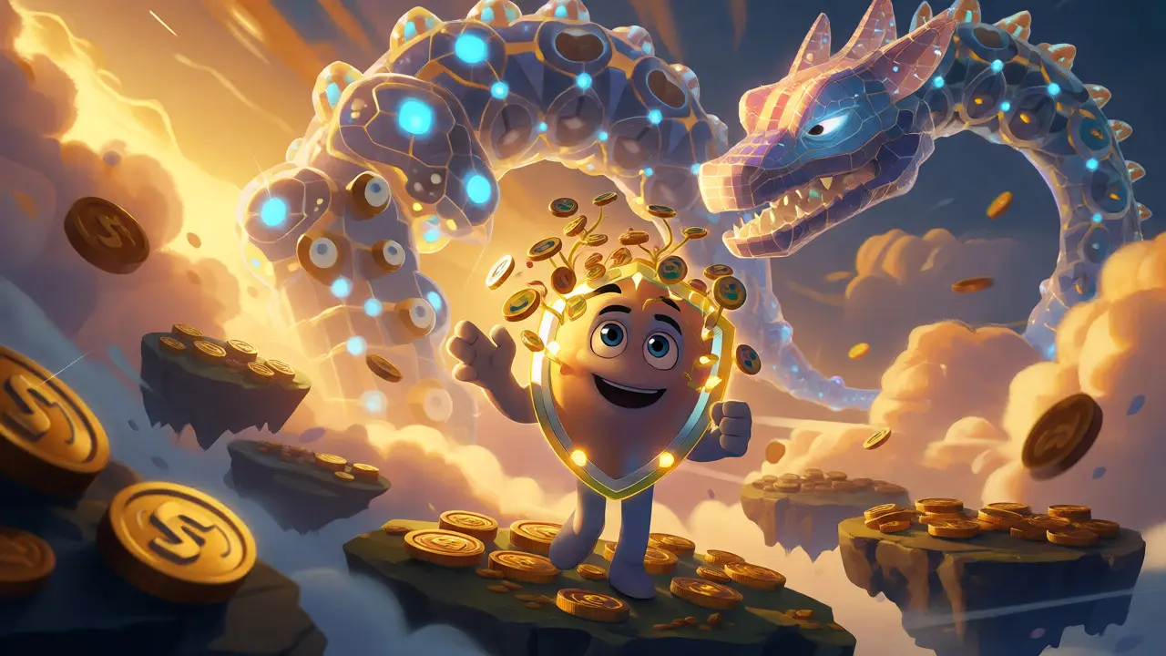 Crypto character holding a shield sprouting gold coins, symbolizing yield-bearing collateral.