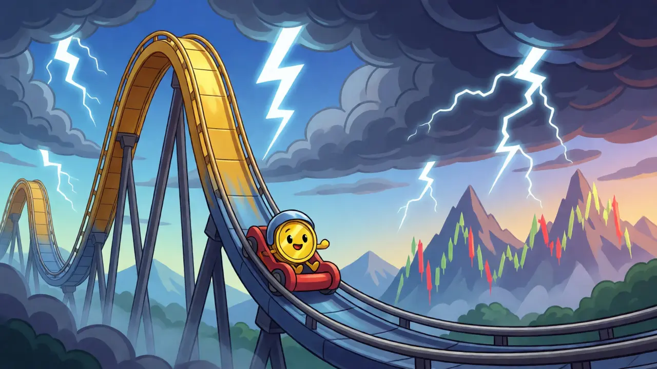 Cute NOVA token character riding a volatile rollercoaster through stormy market skies.