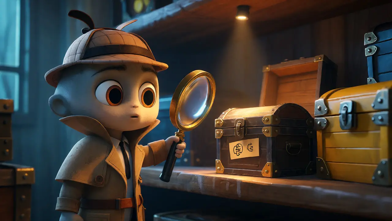 Detective examining small crypto chest with magnifying glass