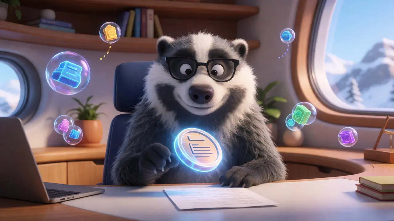 Friendly badger regulator reviewing a glowing digital token in a cozy Swiss office.