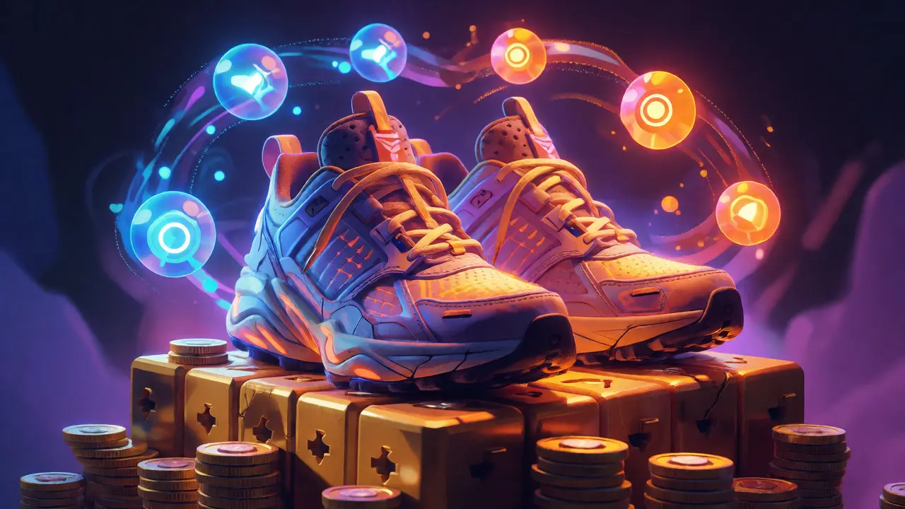 Glowing NFT sneakers on a pedestal surrounded by token orbs