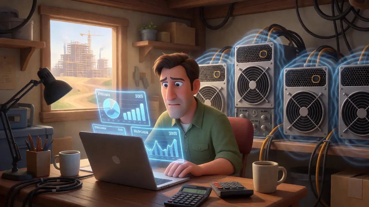 Hobbyist miner in a garage with hot ASIC rigs comparing his setup to a distant industrial farm.