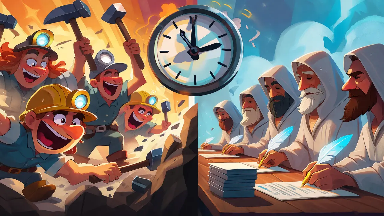 Miners and validators working side-by-side to build a blockchain under a spinning clock.