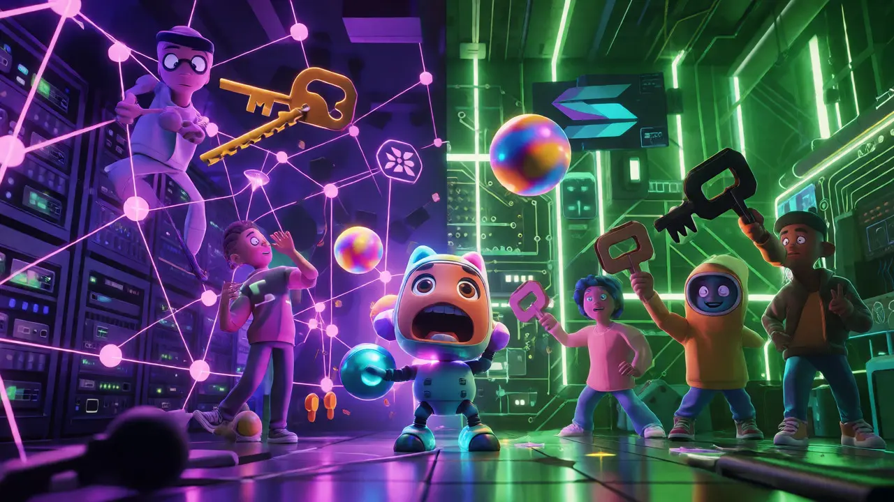 Panicked mascot navigating conflicting Polygon and Solana networks amidst chaotic data streams.