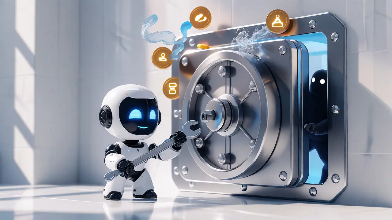 Robot securing a digital vault against phishing threats in a clean room