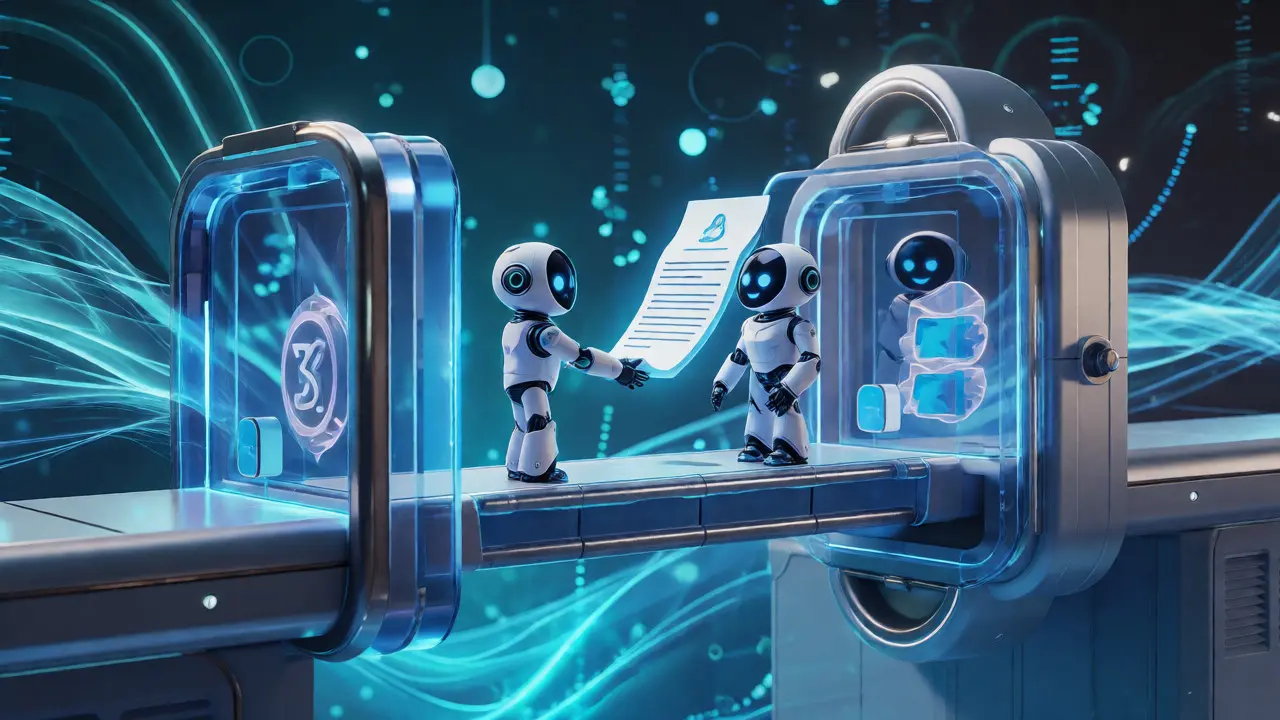 Robotic characters shaking hands over a digital escrow bridge on the Tezos network