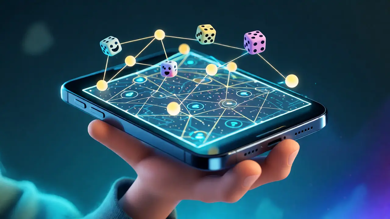 Smartphone displaying a holographic blockchain map with traveling dice characters