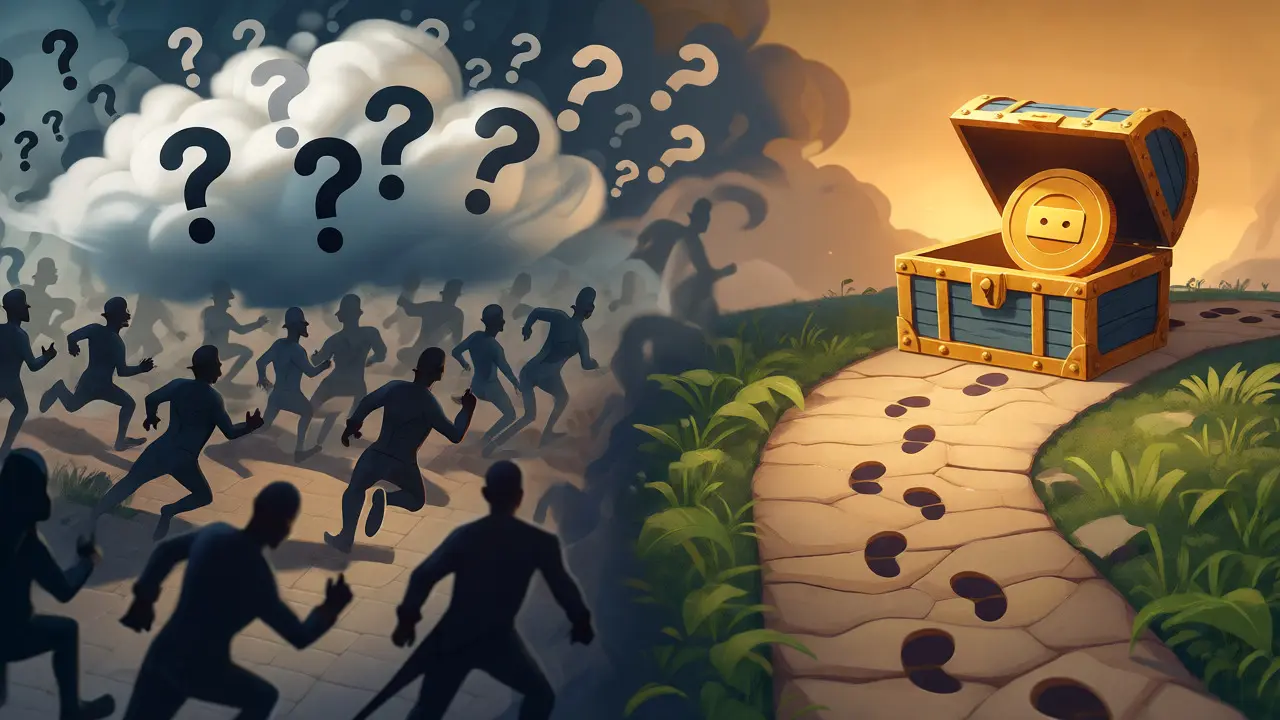 Split scene contrasting chaotic rumor-chasing with a steady path toward an airdrop reward.