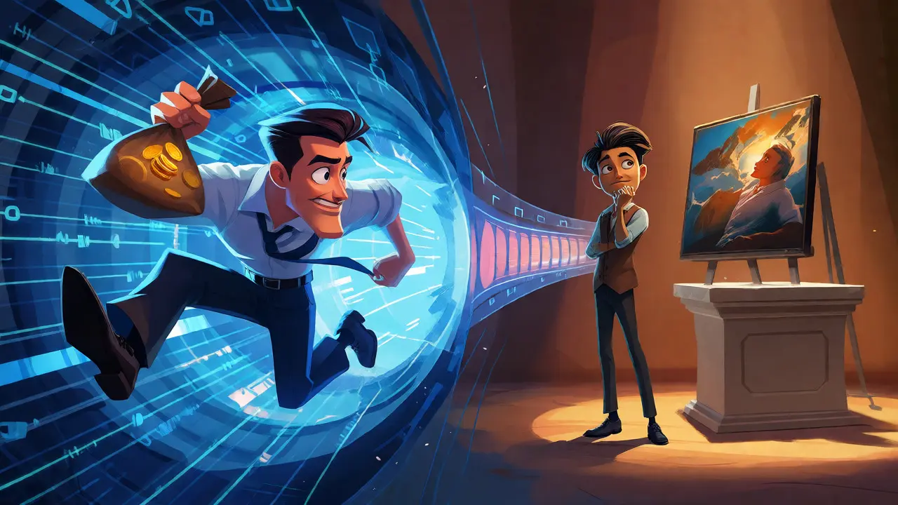 Split scene showing a fast trader and a contemplative artist connected by light.