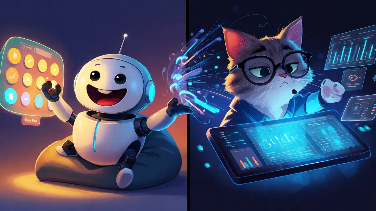 Split view of simple and pro trading modes with cartoon characters using holographic interfaces.
