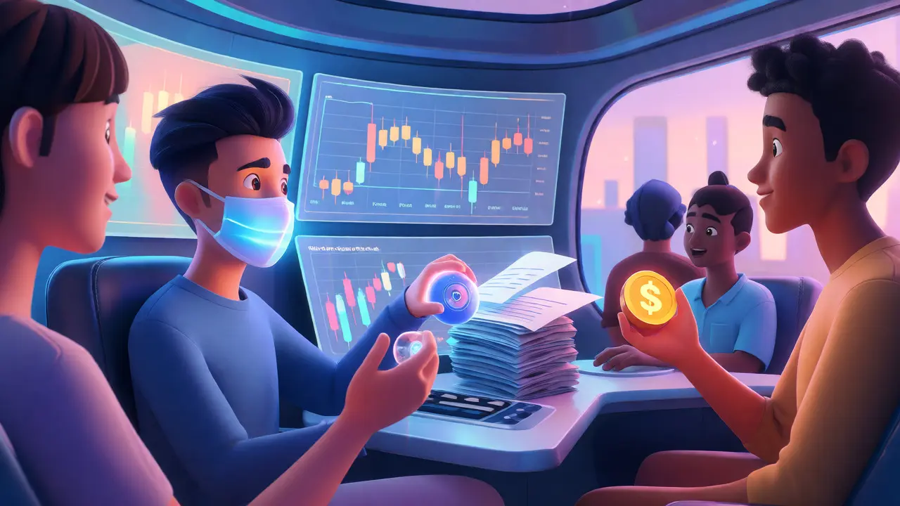 Traders using Web3 wallets and BTTY tokens in a futuristic trading cockpit