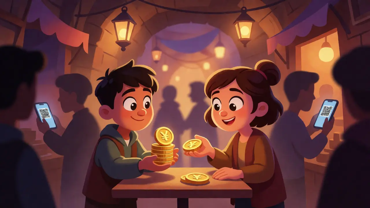Two cartoon characters exchanging money for tokens in a night market.