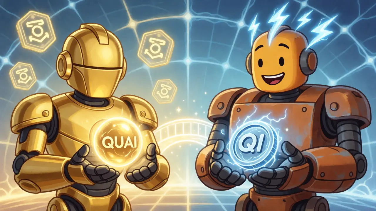 Two robots representing QUAI and QI tokens connected by an energy bridge
