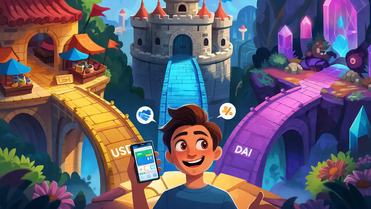 User choosing between three paths for USDT, USDC, and DAI in a vibrant DreamWorks-style illustration.