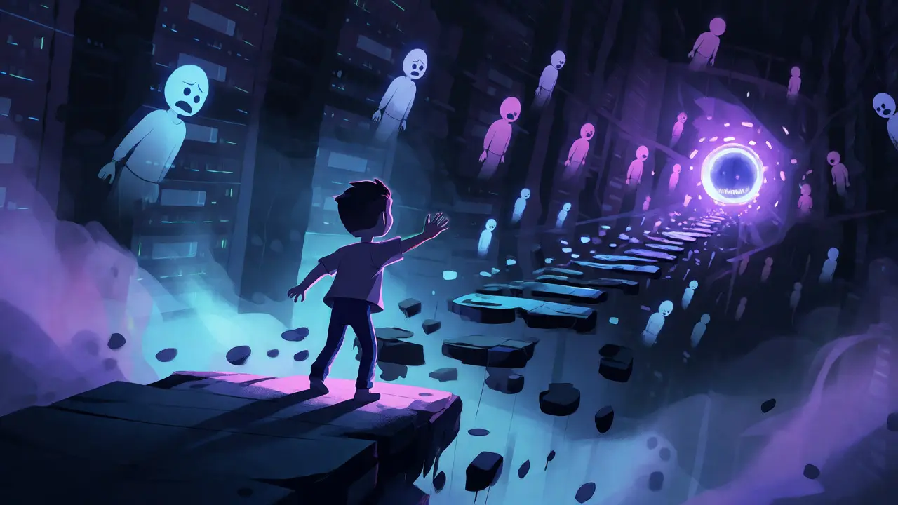 User reaching for a withdrawal portal across a fragmented, misty digital void.