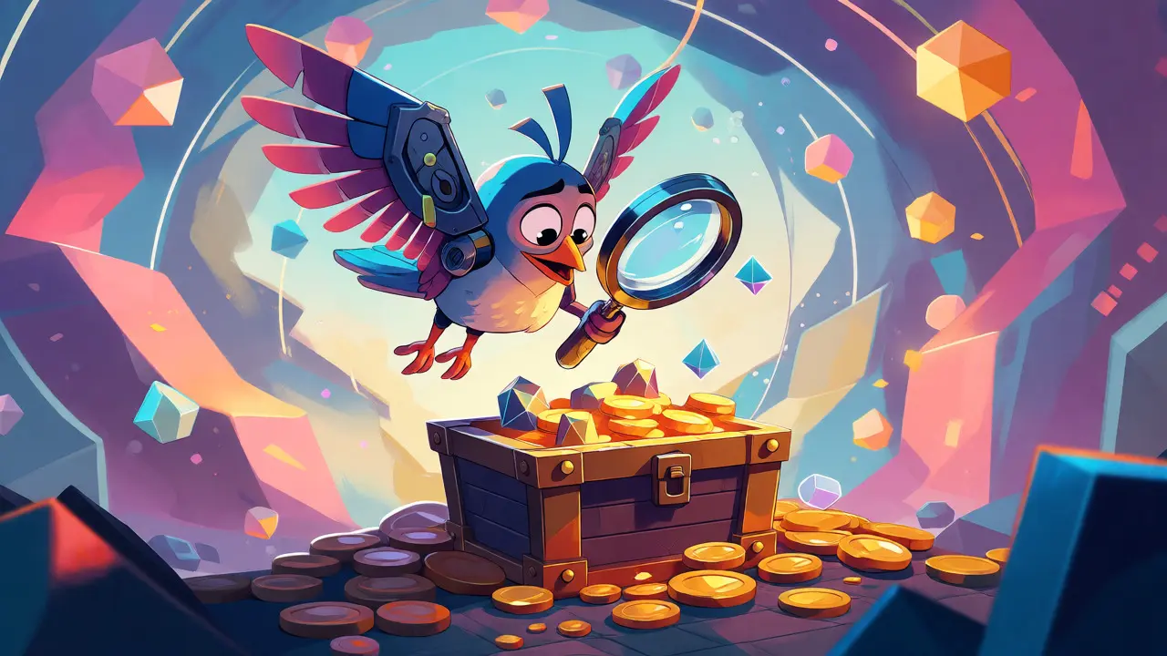 Whimsical mechanical bird inspecting a treasure chest of digital assets