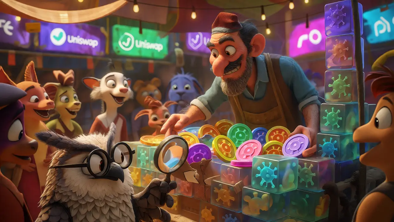 Wise owl inspecting a hollow virus-themed coin at a crypto market stall