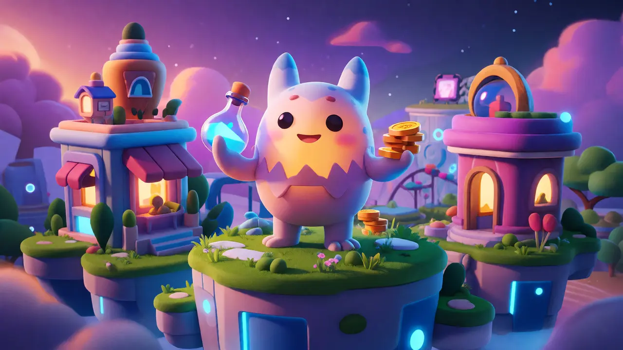 A cute Metamon creature holding a potion and coins in a 3D virtual world.