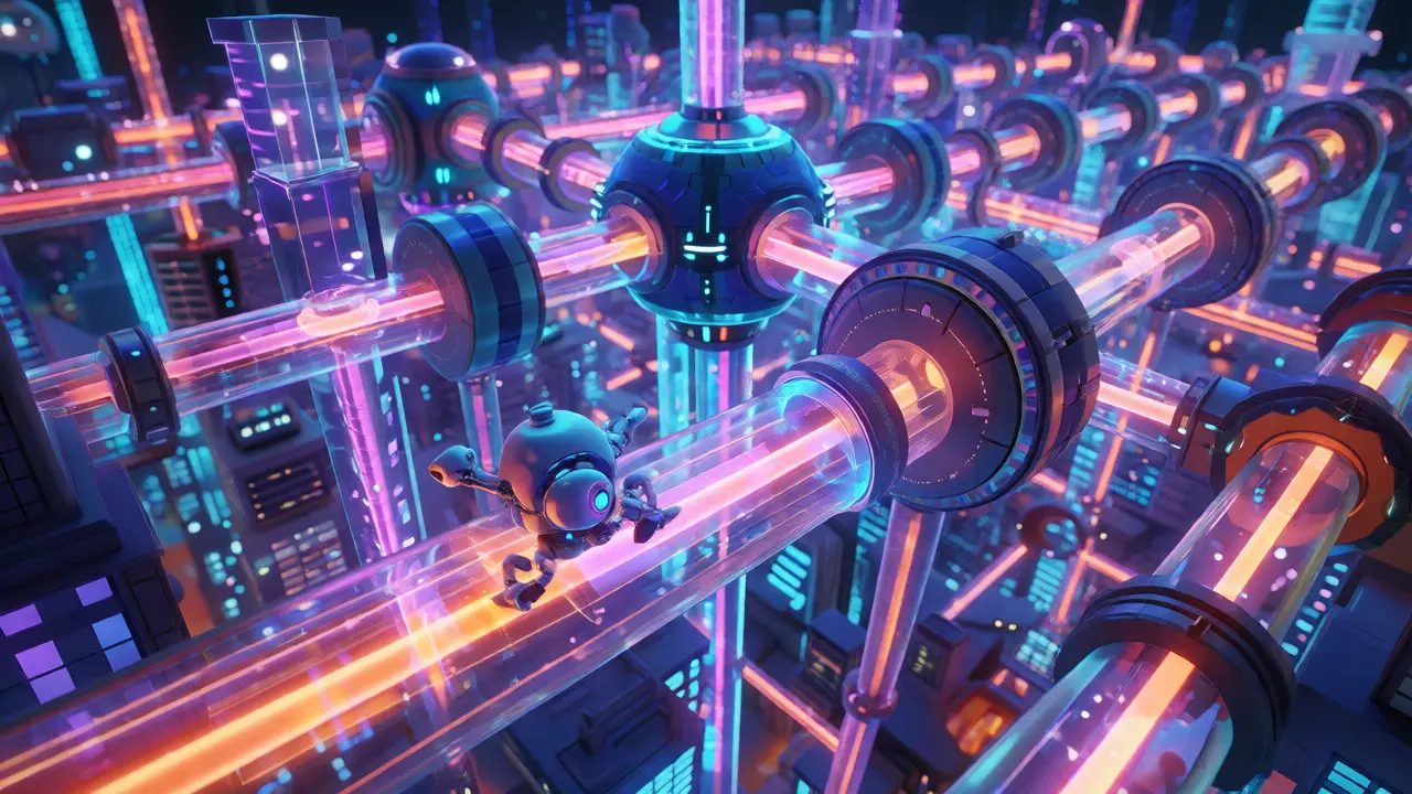 A robot speeding through a glowing network of fast payment channels in a digital city.
