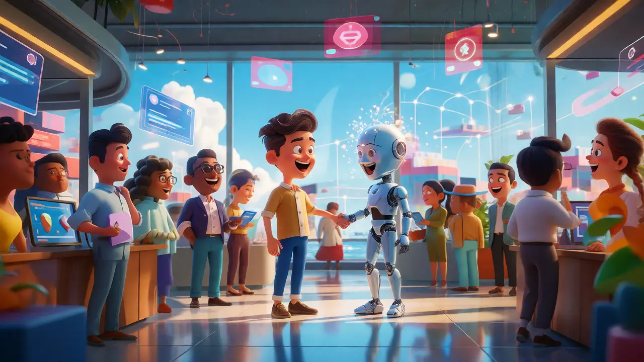 Animated characters shaking hands amidst floating blockchain visuals in a Singapore office.