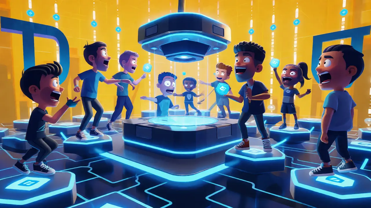 Avatars staking tokens on a futuristic launchpad platform in a cartoon style