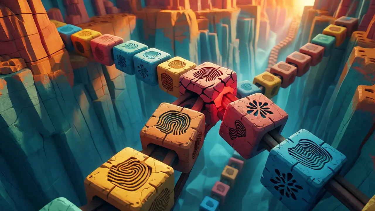 Chain of blocks cracking and wobbling to show tampering risks