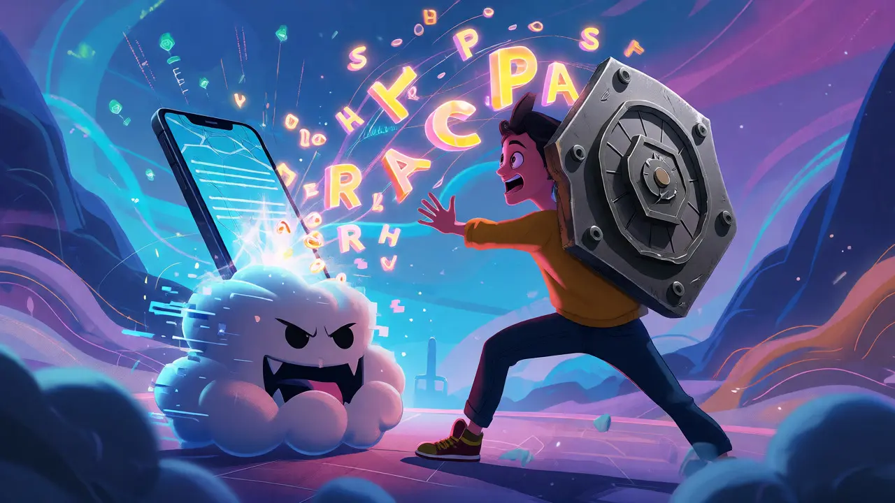 Character catching escaping seed words with a metal shield against digital clouds.