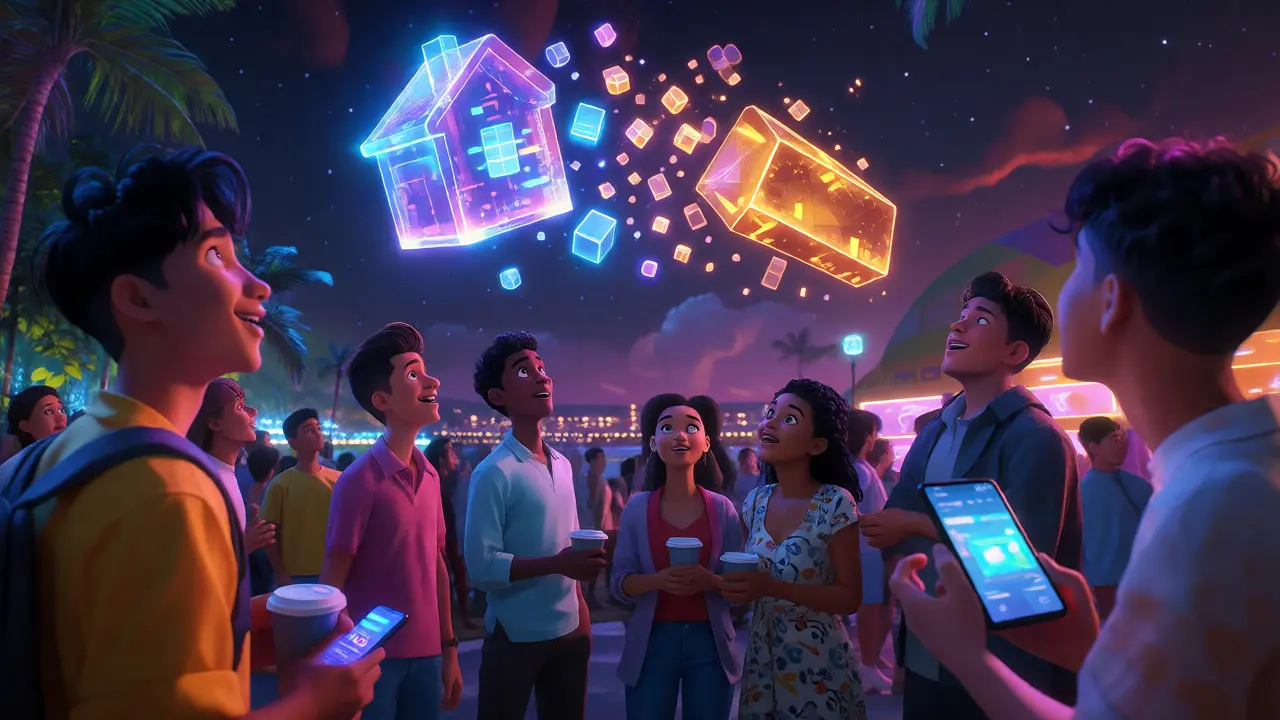 Crowd watching a holographic asset transformation in a Singapore park.