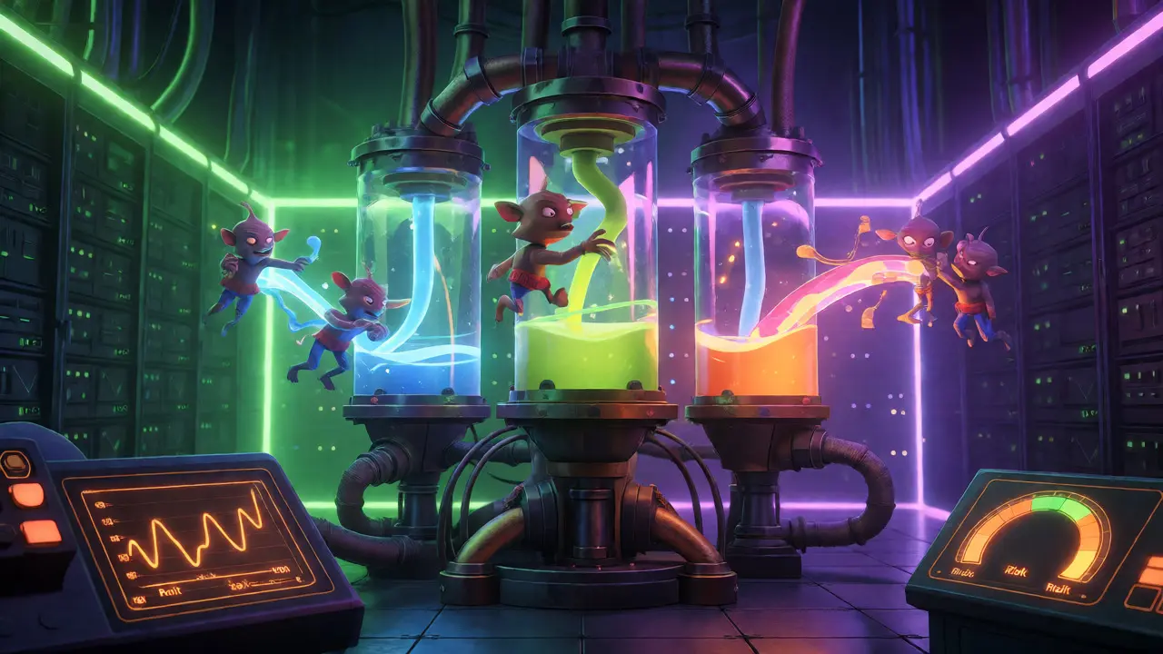 Cyberpunk machine managing liquidity flows amidst fee-gremlin obstacles.