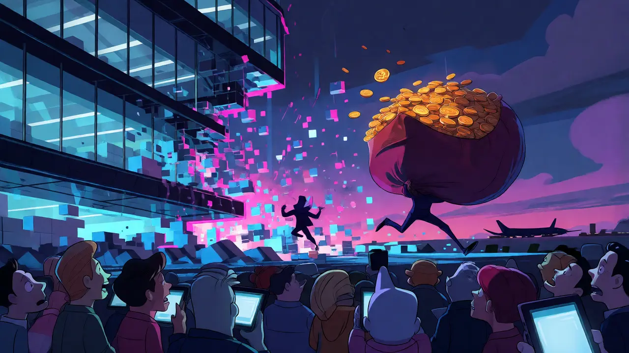 Founder fleeing with money as the crypto exchange collapses into digital glitches at night.