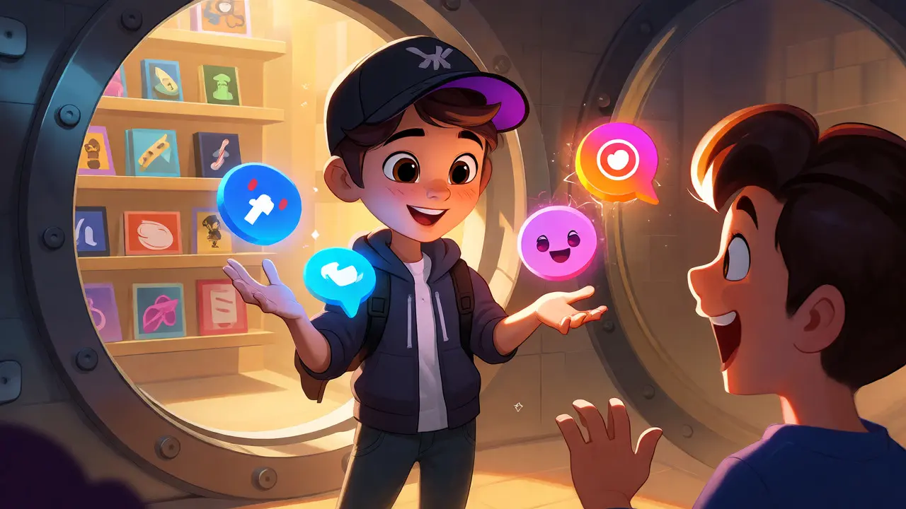 Gamer character juggling social media orbs while receiving rewards from a vault.