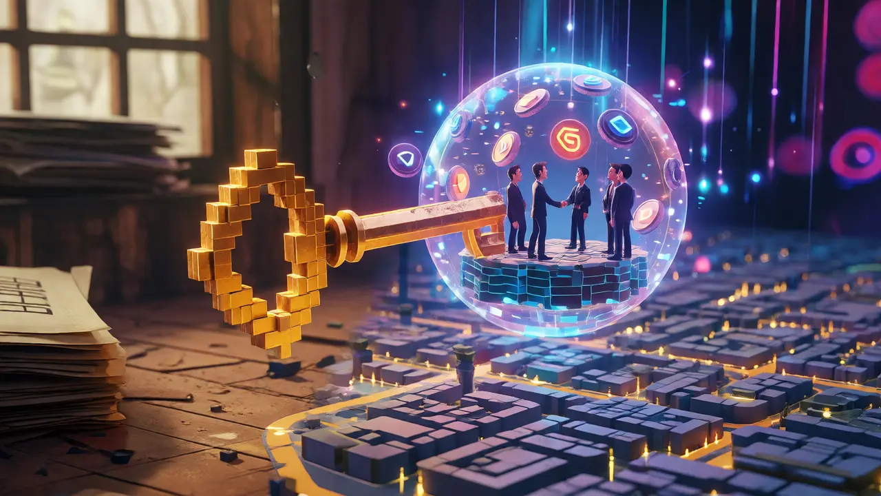Golden key unlocking a smart contract orb over a city map