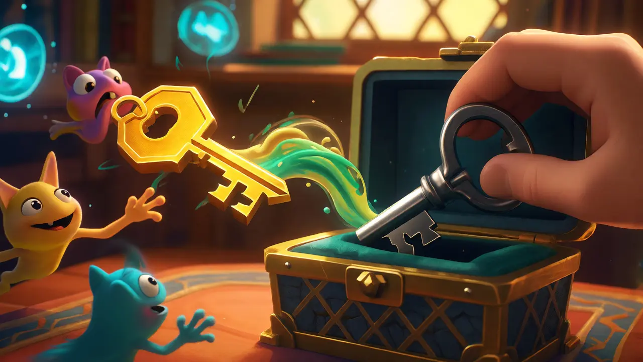 Golden public key and locked private key with swirling paint metaphor