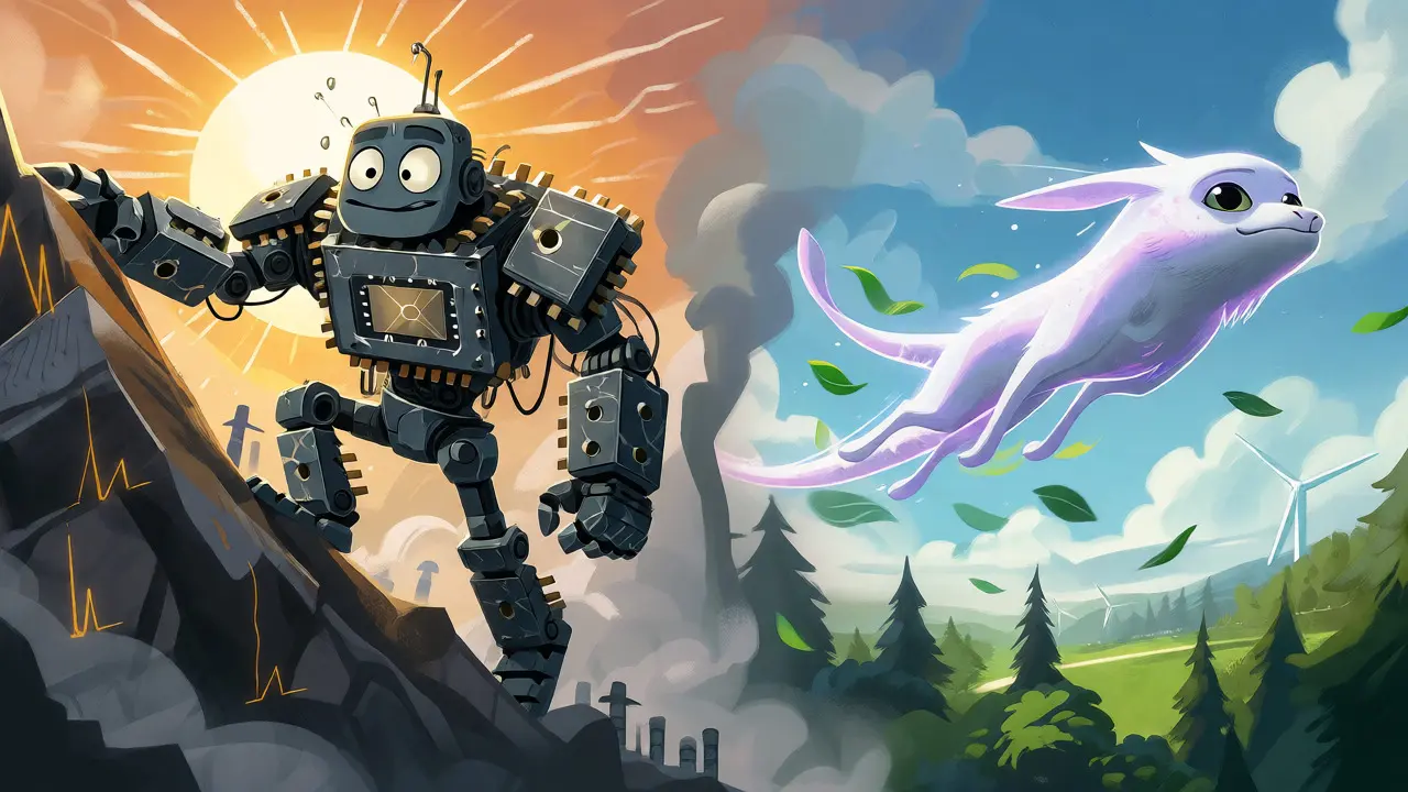 Heavy robot climbing a mountain versus a floating proof-of-stake creature.