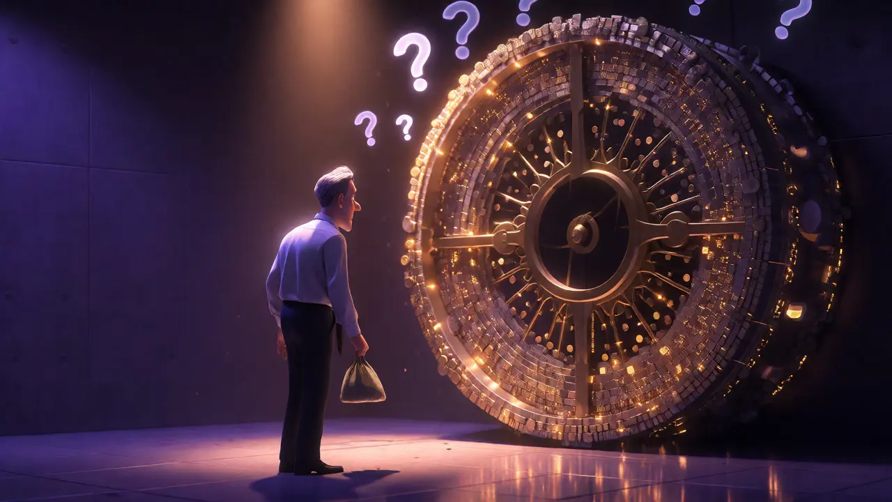 Investor hesitating before a mysterious, dark digital vault