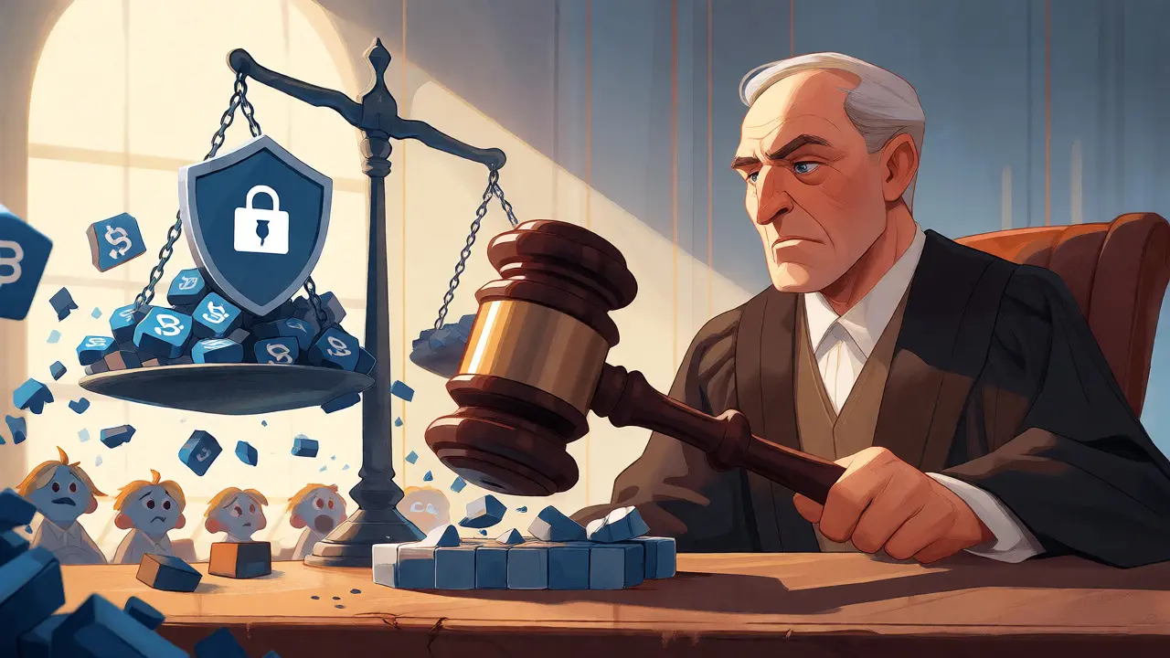 Judge striking a gavel over broken crypto blocks, symbolizing legal aftermath and security lessons.