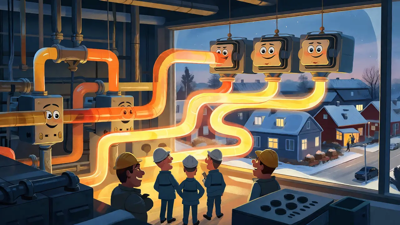 Mining servers piping heat into cozy Swedish houses via colorful tubes.