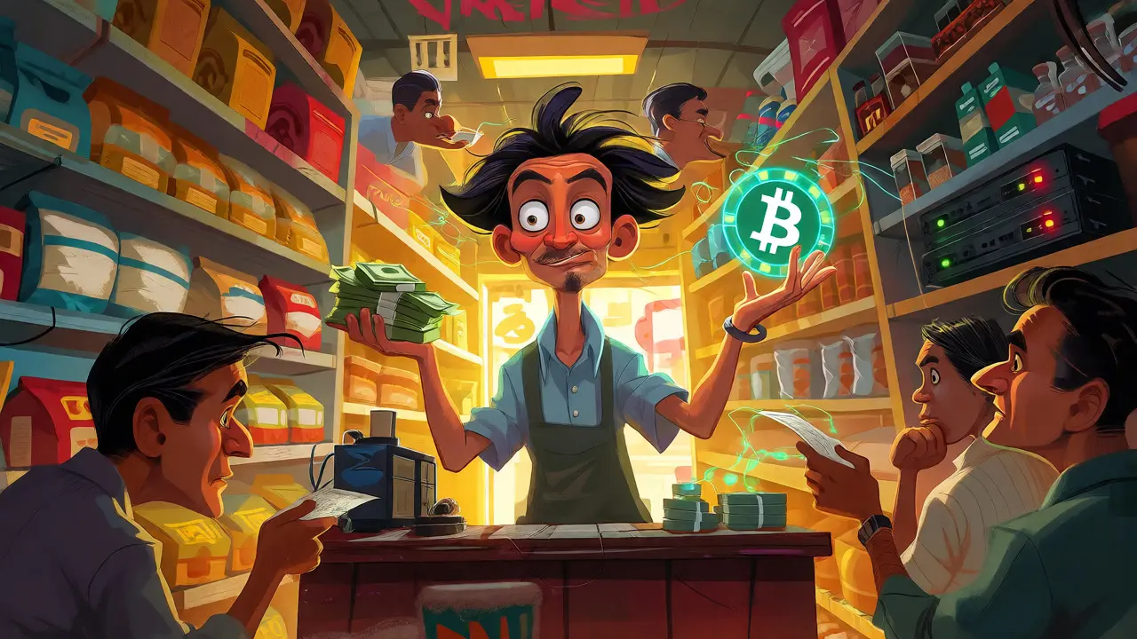 Quirky shopkeeper managing illegal crypto trades inside a cluttered Nepali grocery store front.
