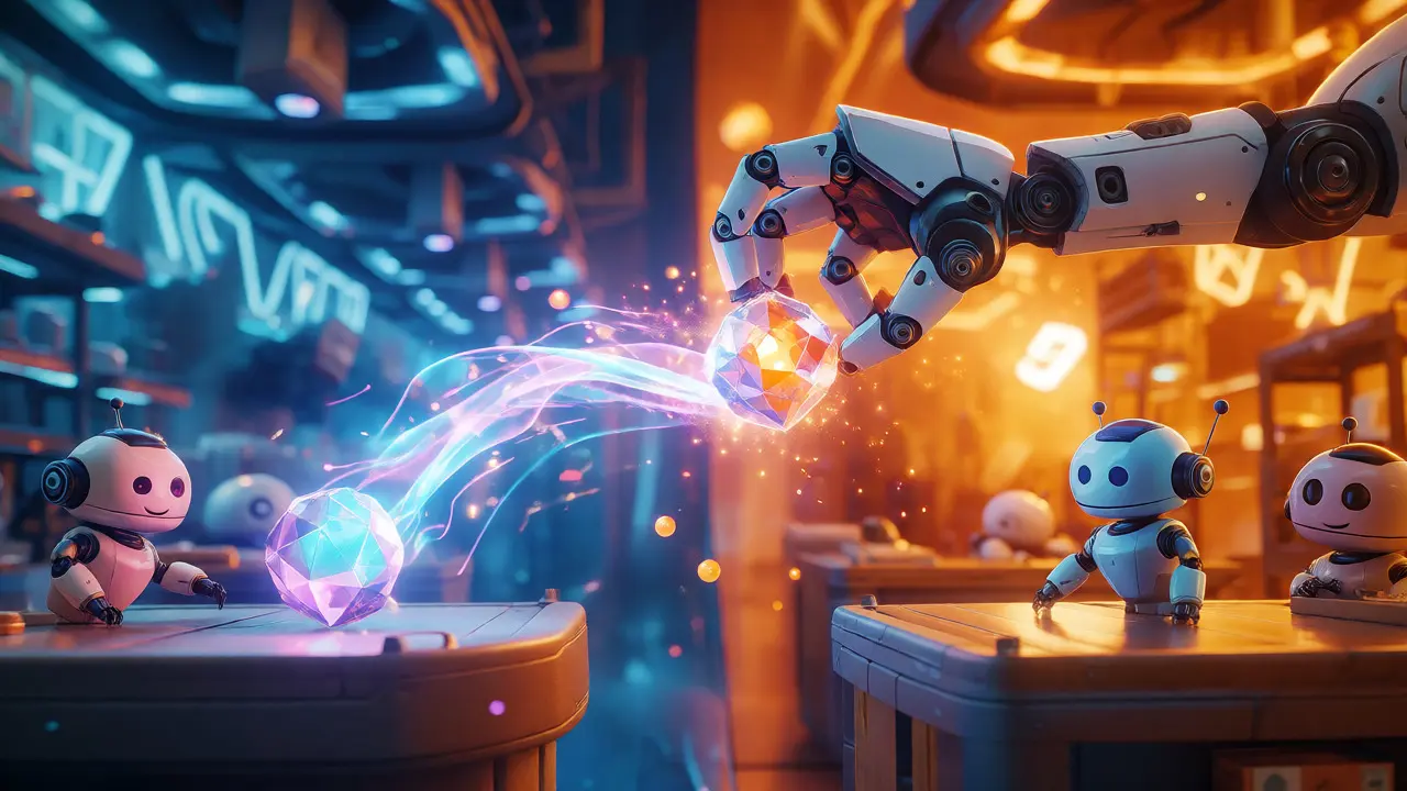 Robotic arm moving a crystal asset between two contrasting market zones.