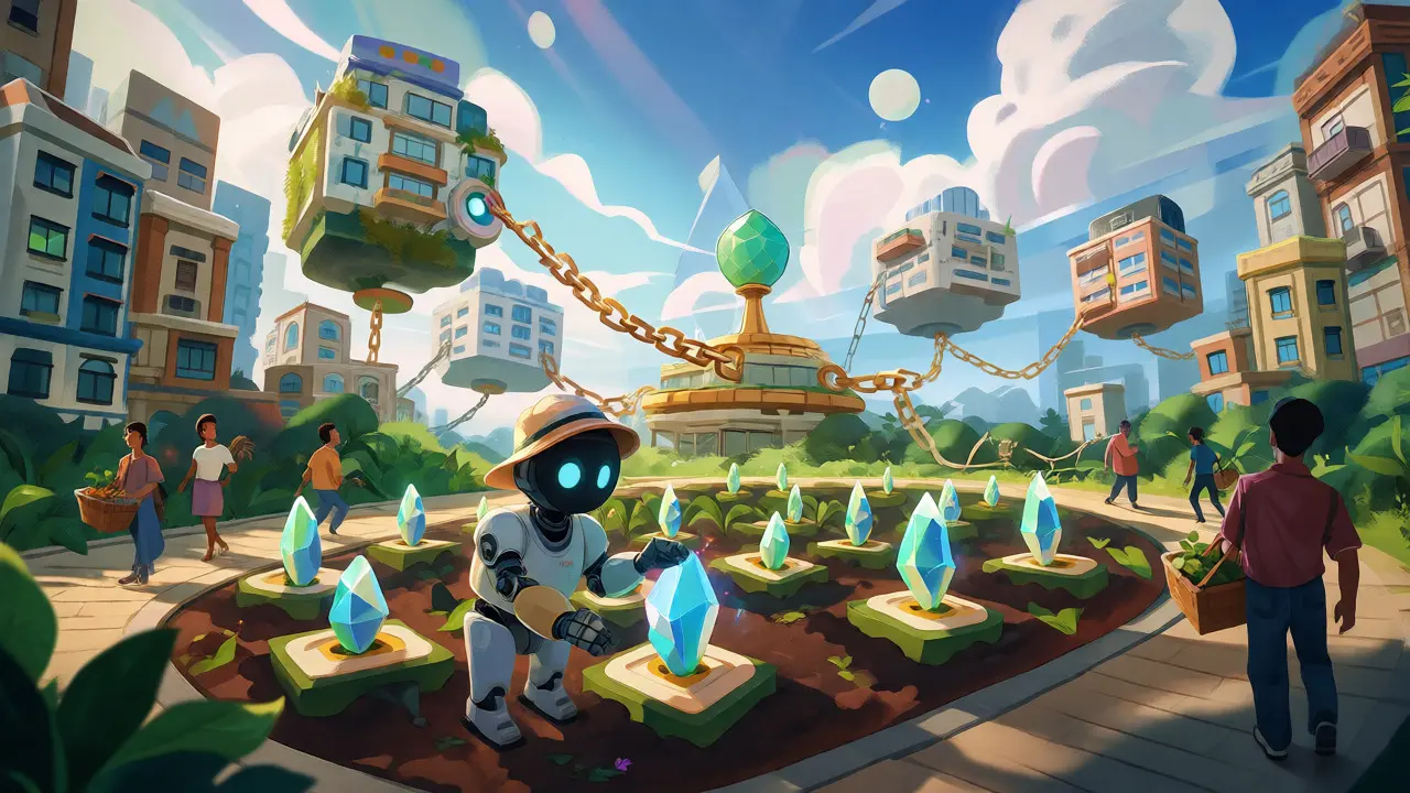 Robotic farmer tending to crystal crops near floating homes