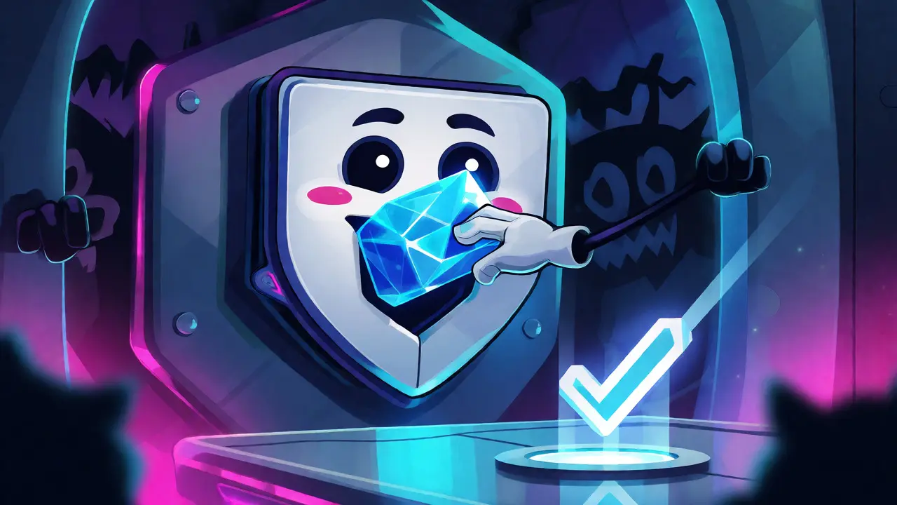 Secure digital vault with a robot wallet placing a blue crystal inside.