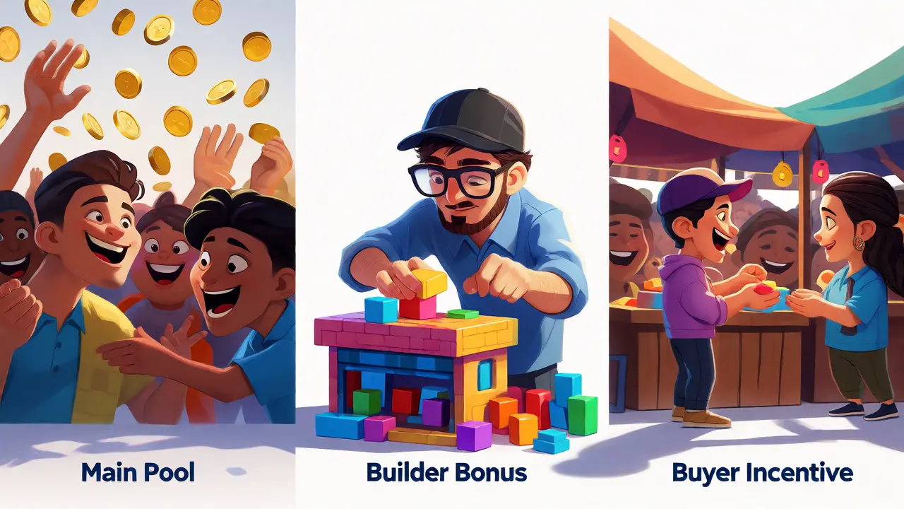 Three animated scenes showing airdrop tiers: crowds, builders, and buyers.